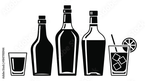 Black silhouette icons of liquor bottles and a cocktail glass on a white background Keywords: bottle, liquor, alcohol, drink, beverage, glass, cocktail, ice, lime, straw, silhouette, icon, black