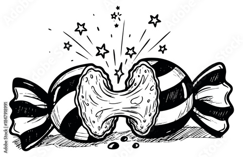 Vintage candy icon set with wrapped candy and bitten caramel hand drawn outline illustration