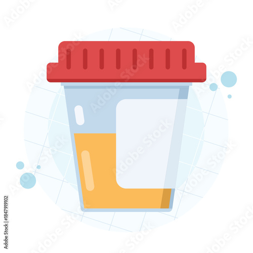 Urine analysis concept with pee test icon and sample in plastic container and glass tube. Vector illustration for medical testing, diagnostics, and healthcare labs.