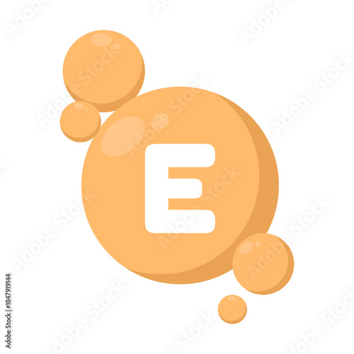 Vitamin E icon in flat style with pill capsule on white isolated background. Vector illustration for skincare business, beauty product, supplement, and cosmetic health concept.