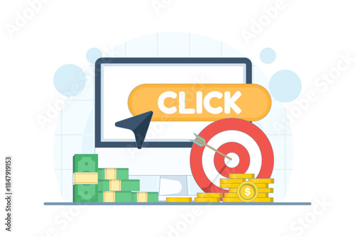 Pay per click internet advertising concept. Vector illustration for PPC campaigns, online ads, digital marketing strategy, and traffic acquisition.