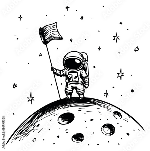 Simple astronaut on moon with flag black and white line art