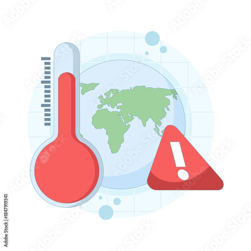 Climate change concept showing globe with thermometer and sun. Vector illustration for global warming, environmental protection, temperature rise, and eco awareness.