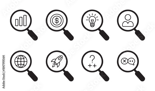 Black research and discovery icons collection representing business, data, and innovation