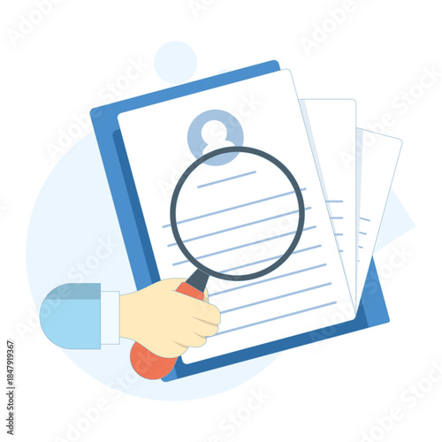 Job resume analysis concept for recruitment and human resources. Vector illustration for CV screening, hiring process, talent assessment, and HR management.