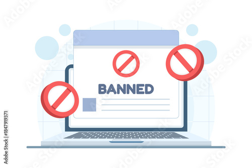 Blocked website or banned account concept. Vector illustration for system access denial, ad blocking software, restricted connection, and online security.