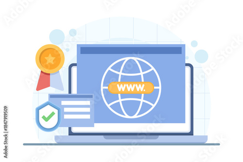 Domain authority and website ranking concept highlighting SEO metrics and secure website. illustration for building strong digital reputation, online credibility, and search engine performance.
