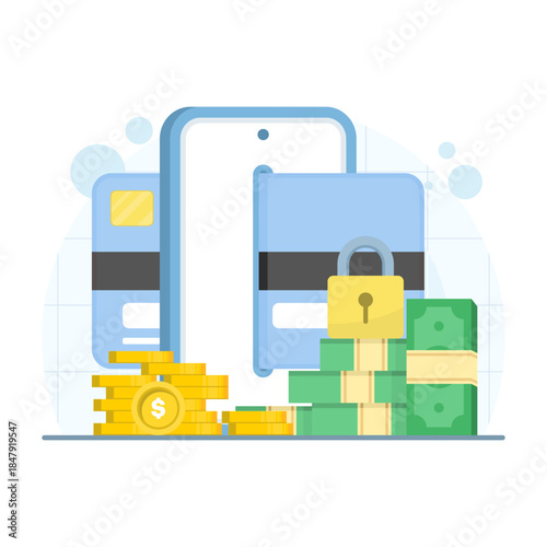 Online financial security concept with smartphone, debit card, lock, and gold coin on isolated background. Digital marketing illustration for safe transactions, fintech, and mobile banking.