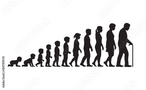 Human life stages silhouette icon pack showing growth from baby to elderly person