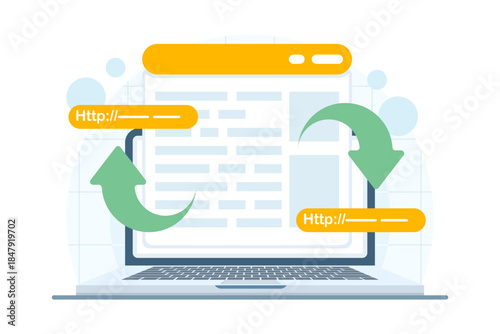 SEO redirect and website migration concept. Vector illustration for URL redirection, site move, search ranking preservation, and technical SEO strategy.