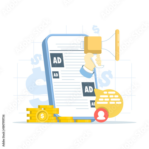 Mobile advertising concept for digital marketing promotion. Vector illustration for online campaign, brand awareness, mobile marketing strategy, and business growth.