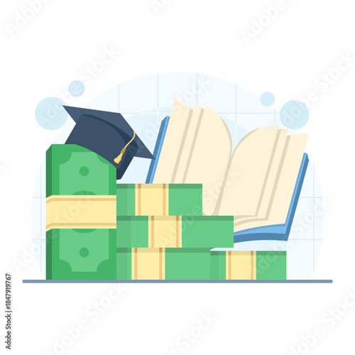 Scholarship concept with money, stack of coins, and graduation cap. Vector illustration for education funding, financial aid, student grants, and academic support.