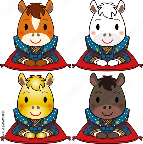 裃を着て新年の挨拶をする、かわいい十二支の馬のアイコンイラストセット。Horse icon illustration
午（赤毛・白毛・金色・黒毛）