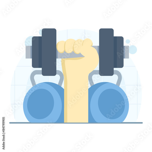 Fitness concept with hand holding dumbbell. Vector illustration for gym workout, strength training, exercise routine, and healthy lifestyle design.