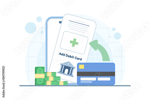 Add debit card mobile app UI concept with forms and popups. Vector illustration for fintech interface, save card, send money, and payment management screens.