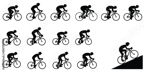 Cyclists in silhouette in various poses and on an incline Keywords: cyclist, cycling, bicycle, bike, rider, man, male, sport