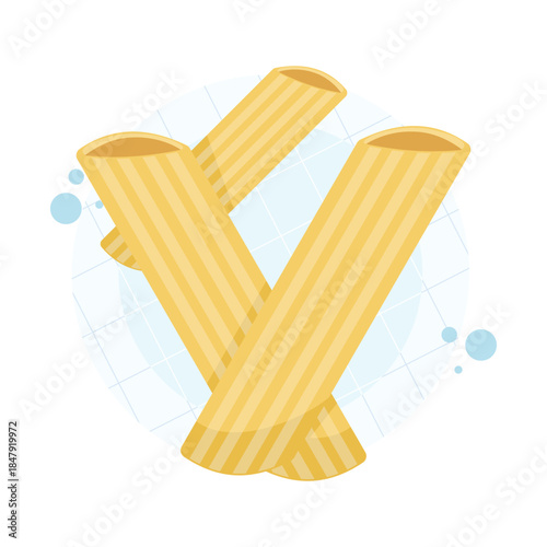 Raw penne pasta illustration featuring tree pieces on white background. Perfect for culinary design, food packaging, recipe content, and Italian cuisine projects.