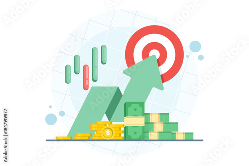 Clear business goals focused on financial freedom. Arrow on target concept illustration for growth strategies, revenue optimization, and marketing success.