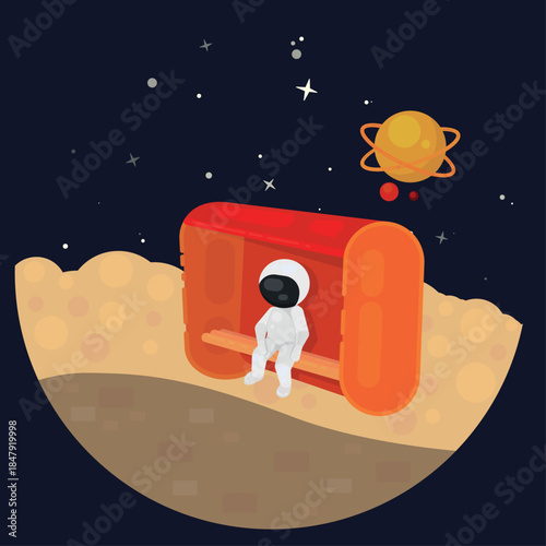 Cute astronaut resting on a couch in outer space. Dreamy cartoon illustration with a calm and imaginative mood.