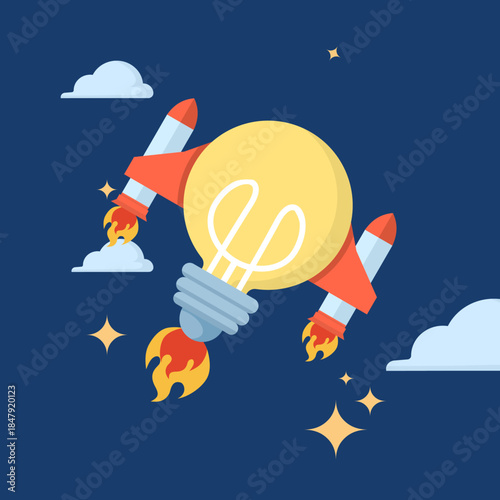 Innovation and creative idea concept showing lightbulb with rocket launch. Illustration for imagination, fast growth, technological breakthrough, and winning business strategy.