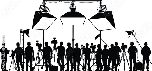 Film Crew Silhouettes with Lighting Equipment on White Background Keywords: film crew, movie production, video production, camera