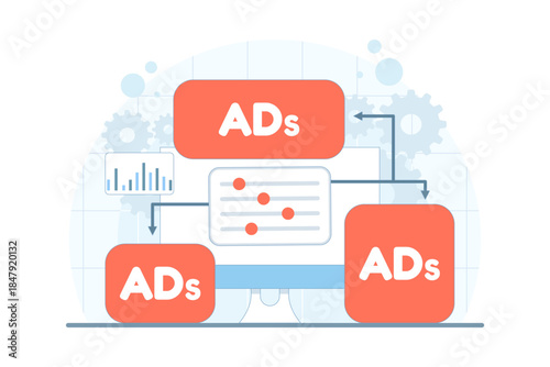 Programmatic advertising concept with real-time ad placement and bidding tools. Vector illustration for automated ad optimization, digital media buying, analytics UI, and marketing technology.