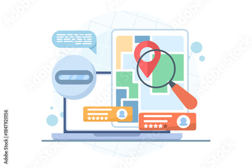 Artificial intelligence search engine displaying local results with maps, navigation, and reviews. Vector illustration for AI search, local SEO, and business discovery.