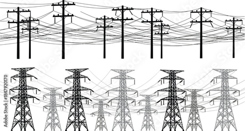 Electricity Transmission Towers and Power Lines Collage vector illustration
