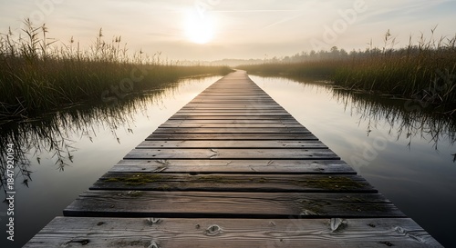 A calm wetland path during soft light.