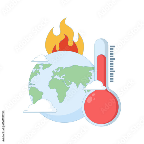 Global warming concept with globe, thermometer, and sun. Vector illustration for climate change, environmental awareness, rising temperatures, and sustainability design.