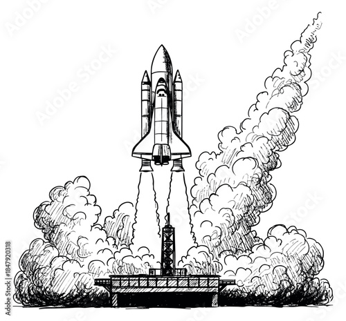 Space shuttle launch icon set with rocket and smoke hand drawn sketch