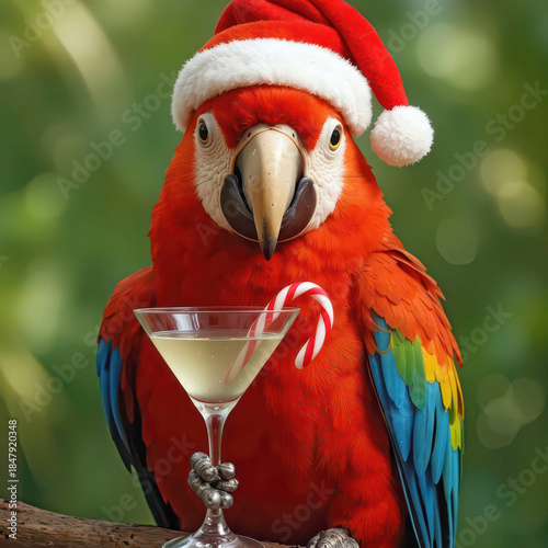 A colorful parrot wearing a red Santa hat holds a martini glass with candy canes against a lush green background, enhancing the festive feel
