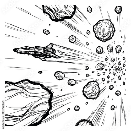 Spacecraft in asteroid field icon set with spaceship and rocks black and white line art