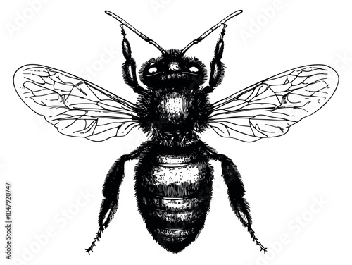 Vintage bee illustration with wings hand drawn sketch