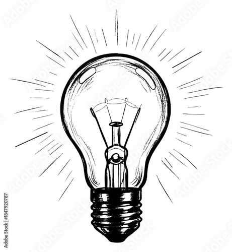 Vintage light bulb icon with glow hand drawn outline illustration