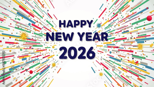 Vibrant Happy New Year 2026 Celebration with Colorful Streamers and Confetti in a Joyful Atmosphere