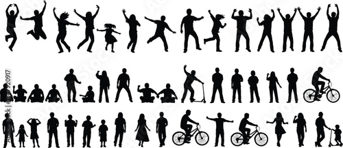 Dynamic silhouettes of diverse people jumping, walking, biking, and playing, showcasing active lifestyle, family activities, and energetic motion in modern vector illustration