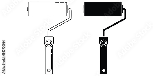 Paint Roller Outline and Silhouette Icons on White Background Keywords: paint roller, painting, tool, equipment, DIY, home