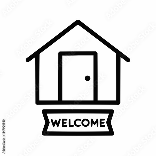 Line icon of a house with open door and welcome mat, black on white, square minimalist style