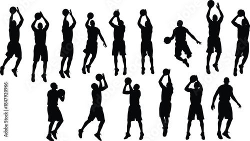 Dynamic Vector Illustrations of Athletes Jumping, Shooting, and Dribbling the Ball in Various Action Poses for Sports Design.