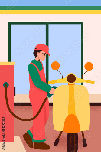 petrol attendant filling up motorbike petrol