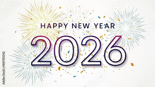 Happy New Year 2026 celebration with fireworks and confetti in a vibrant urban environment at night