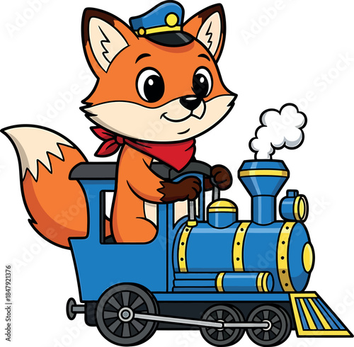 Cute cartoon fox conductor driving a blue train