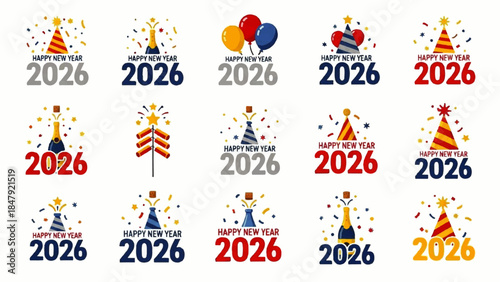 Celebrating Happy New Year 2026 with Festive Illustrations and Vibrant Party Hats