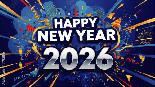 Celebrating Happy New Year 2026 with vibrant fireworks and colorful explosions in a festive atmosphere