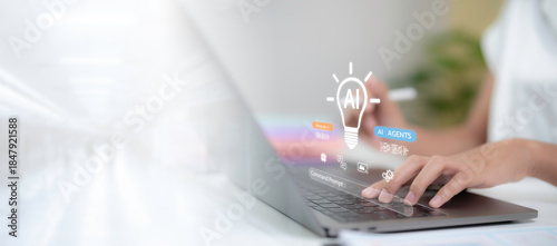 Close up hands typing on laptop with AI agents interface showing artificial intelligence automation smart workflow digital assistant concept for modern business productivity and innovation