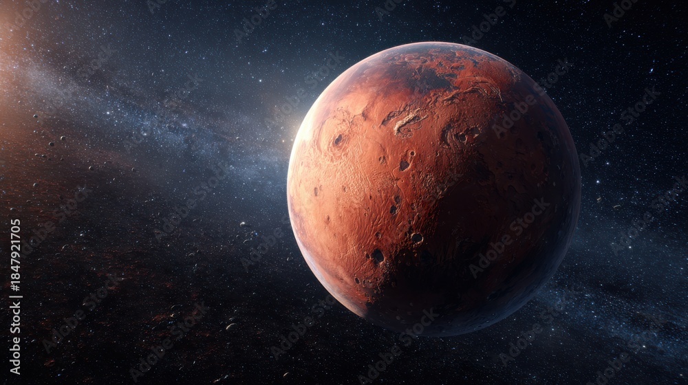 Obraz premium Stunning View of Mars in Deep Space with Prominent Red Surface Features, Distant Galaxy and Celestial Bodies, Evoking Wonder and Exploration