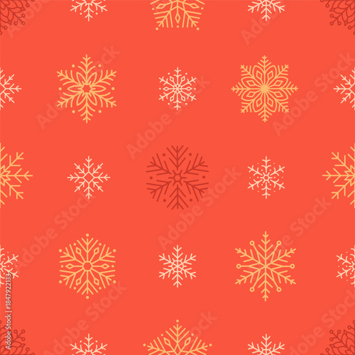 Seamless pattern with cute minimalist snowflakes. Gentle winter holiday design for Christmas, New Year. Perfect for banner, wallpaper, wrapping paper, background, card, poster. Vector illustration