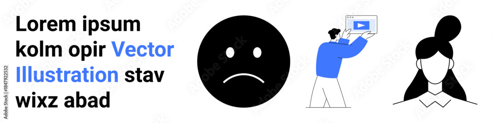 Fototapeta premium Bold sad face emoticon, minimalistic user with a ponytail, and person holding a video screen. Ideal for education, emotions, video learning, creativity, user interface, and social media visuals