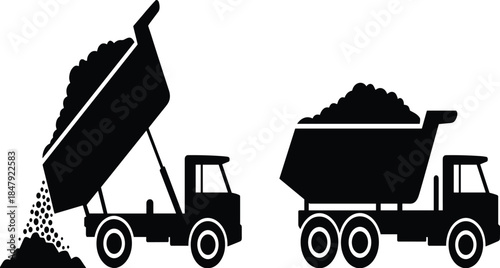 Two black silhouette dump trucks one unloading gravel on white background construction vehicle